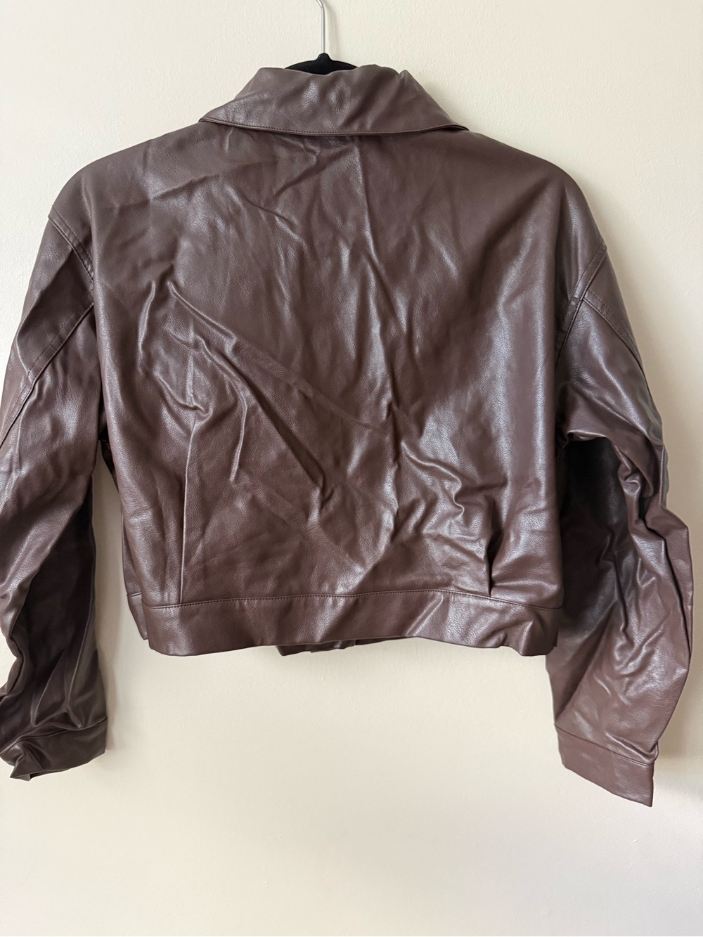 Chocolate Brown Faux Leather Cropped Trucker Jacket S - Picture 3 of 5